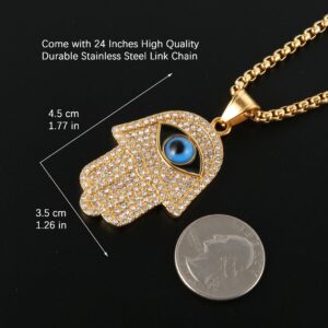 HZMAN 18k Gold Plated Iced Out CZ Stainless Steel Blue Evil Eye Beads Fatima Hamsa Hand Pendant Necklace (Gold)