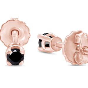 Round Cut Black Natural Diamond Screw Back Stud Earrings In 14k Solid Rose Gold (0.25 cttw)