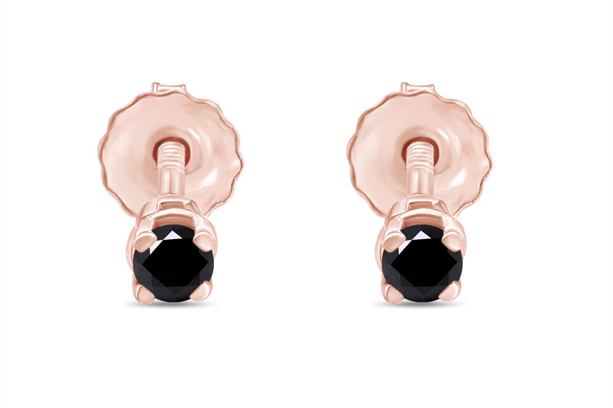 Round Cut Black Natural Diamond Screw Back Stud Earrings In 14k Solid Rose Gold (0.25 cttw)