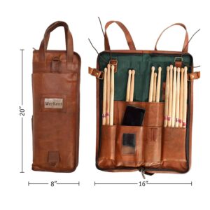 WerKens Leather Drumstick Bag Floor Tom Hooks Holds 10-12 Pairs Drum Sticks Mallets Brushes Percussion Drum Stick Bag Detachable Shoulder Strap Easy Carry Handles (Brown) – DSB003