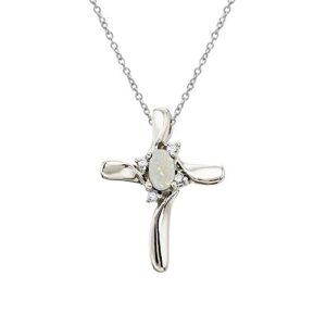 fb jewels solid 10k white gold genuine birthstone opal and diamond cross pendant (0.08 cttw.)