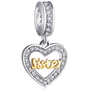 2 tone sister love heart charms for women - 925 sterling silver big/little sis pendant goddess beads - fits pandora mothers day bracelet, gifts for birthday/christmas/sister in law