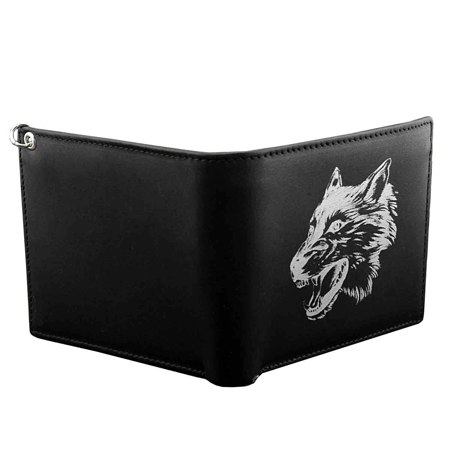 Wolf design Leather Mens Bi-Fold Wallet BLACK w/ Biker long Chain