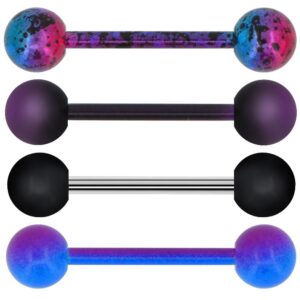 OUFER 4 PCS Stainless Steel 14G Barbell Tongue Rings Purple Black Splatter Tongue Barbell Tongue Piercing Jewelry