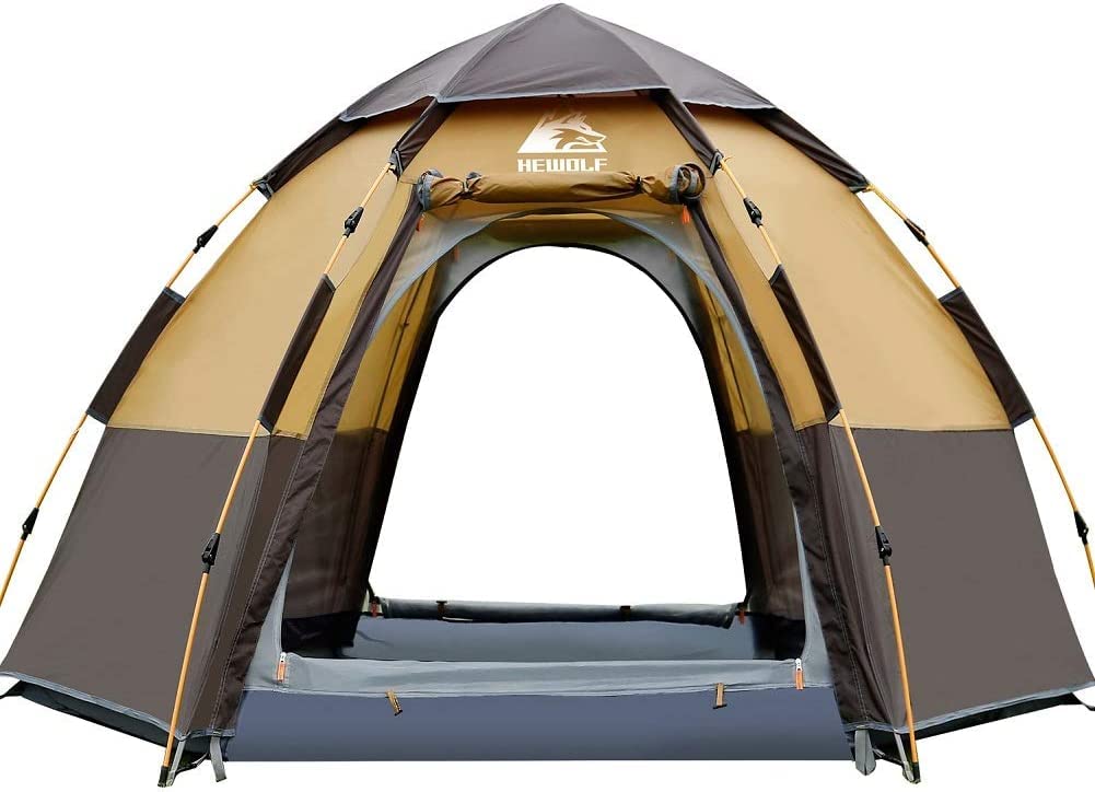 HEWOLF Camping Tent 3 to 4 Person Automatic Pop Up Tent Hexagonal Hydraulic Tents Waterproof UV Protection Dome Tent Double Layer Ultra Large Family Tent for Garden Camping Hiking Tents - Camel