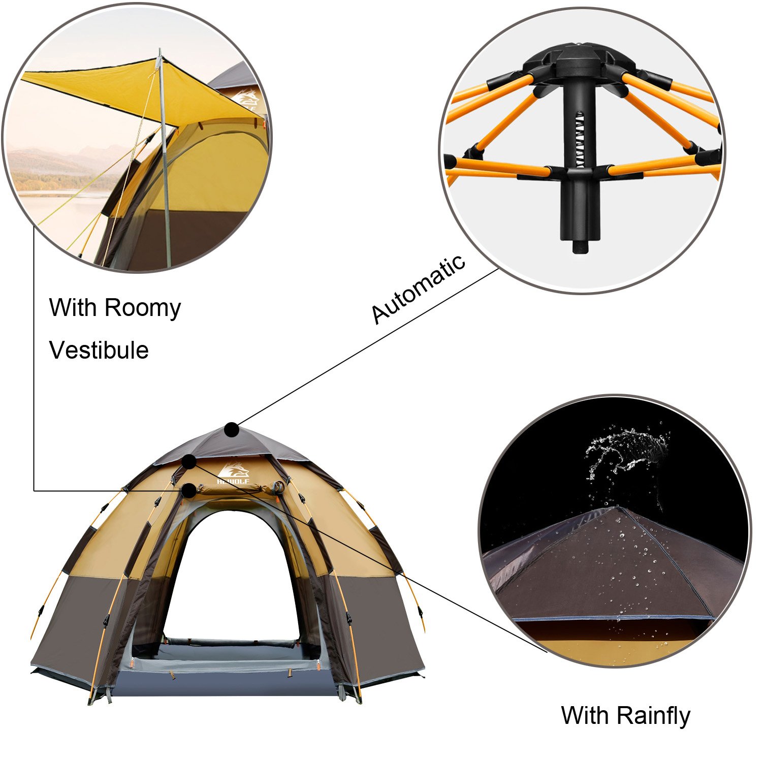 HEWOLF Camping Tent 3 to 4 Person Automatic Pop Up Tent Hexagonal Hydraulic Tents Waterproof UV Protection Dome Tent Double Layer Ultra Large Family Tent for Garden Camping Hiking Tents - Camel