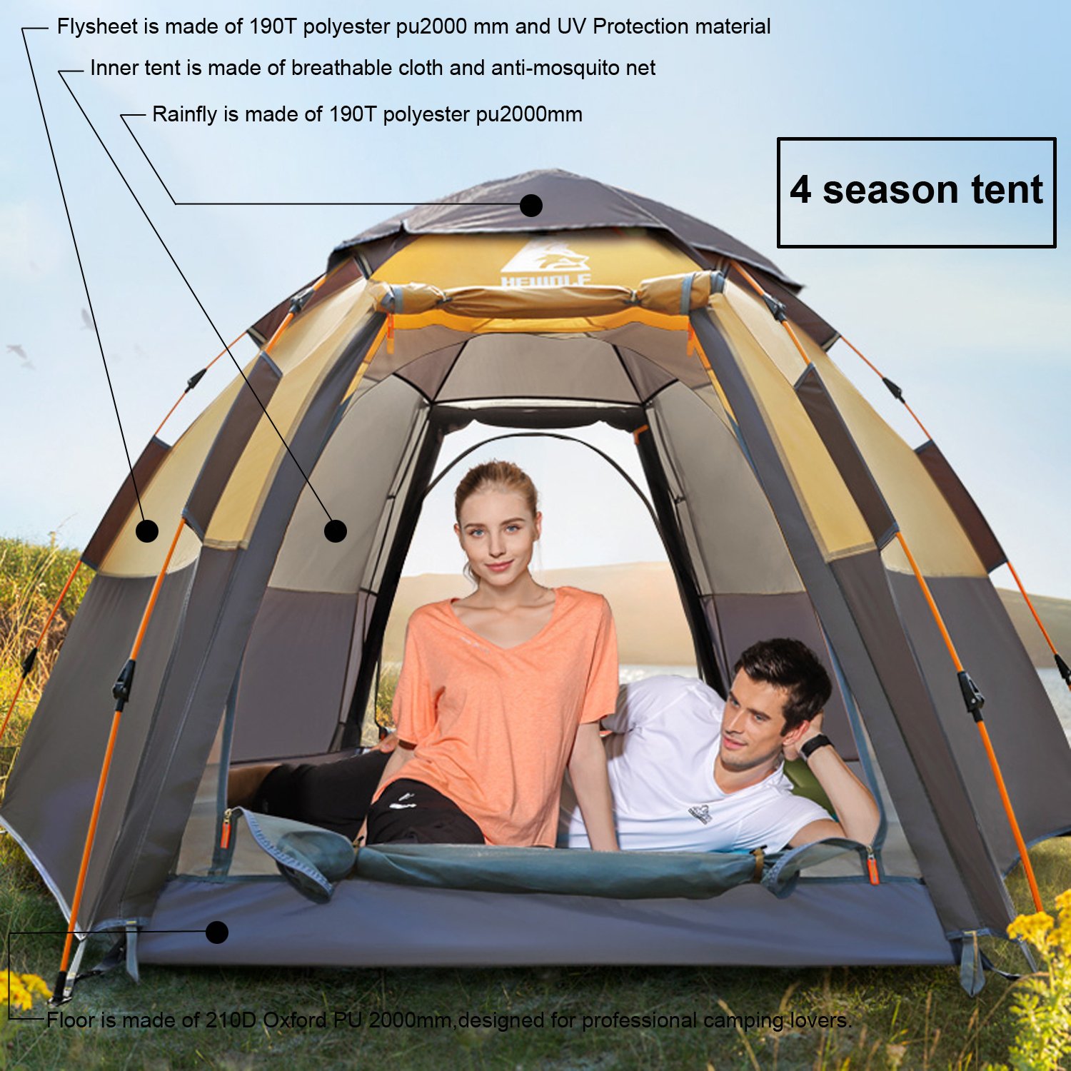 HEWOLF Camping Tent 3 to 4 Person Automatic Pop Up Tent Hexagonal Hydraulic Tents Waterproof UV Protection Dome Tent Double Layer Ultra Large Family Tent for Garden Camping Hiking Tents - Camel