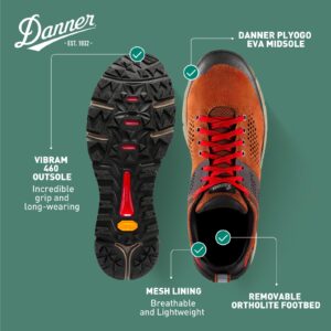 Danner Trail 2650 Hiking Shoes for Men - Durable Suede, Lightweight Textile with Breathable Mesh Lining, Ortholite Footbed, & Vibram Traction Outsole, Brown/Red 10-Medium