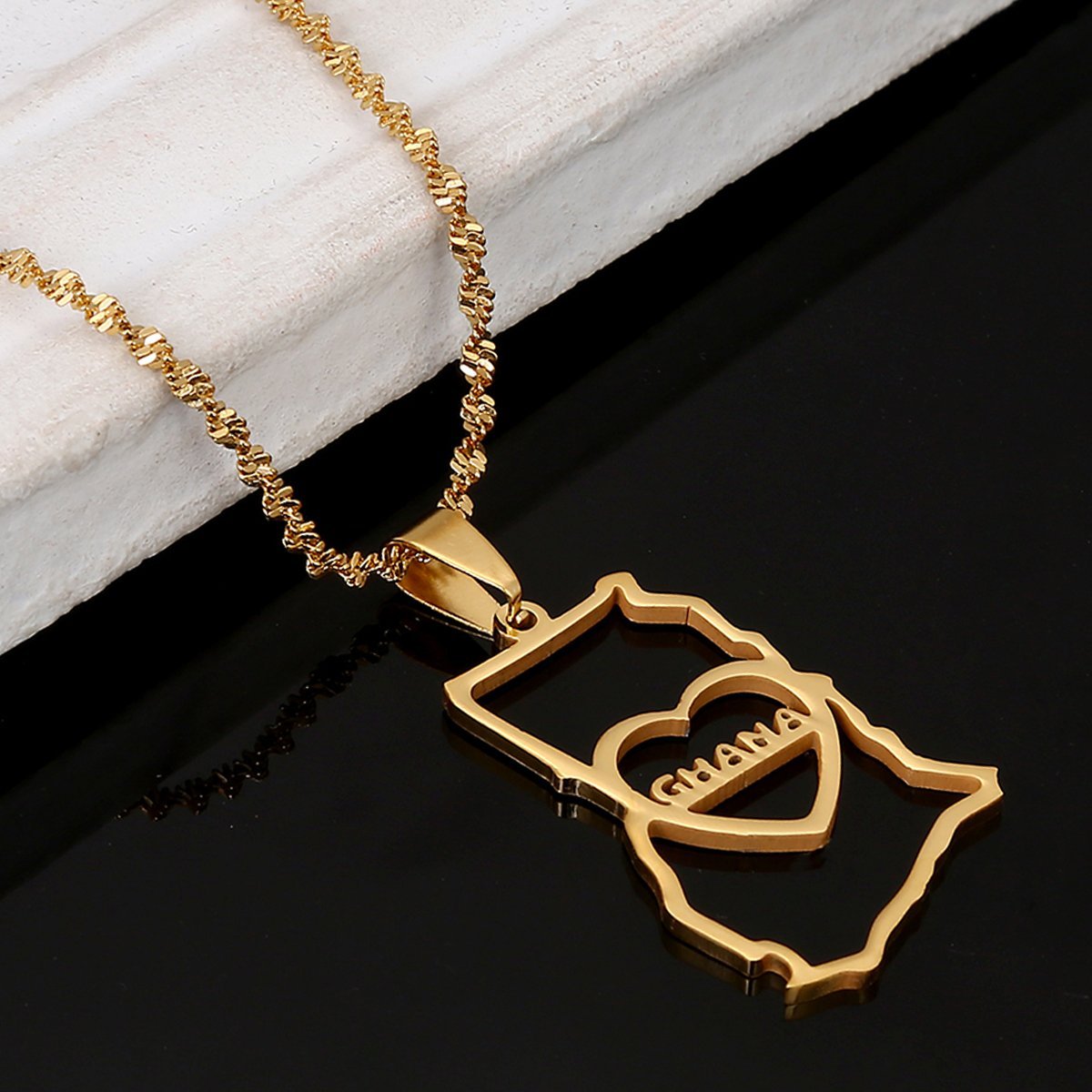 Ghana Map Pendant Necklaces Ghanaian Jewelry I Love Ghana Heart Pendant (Gold)