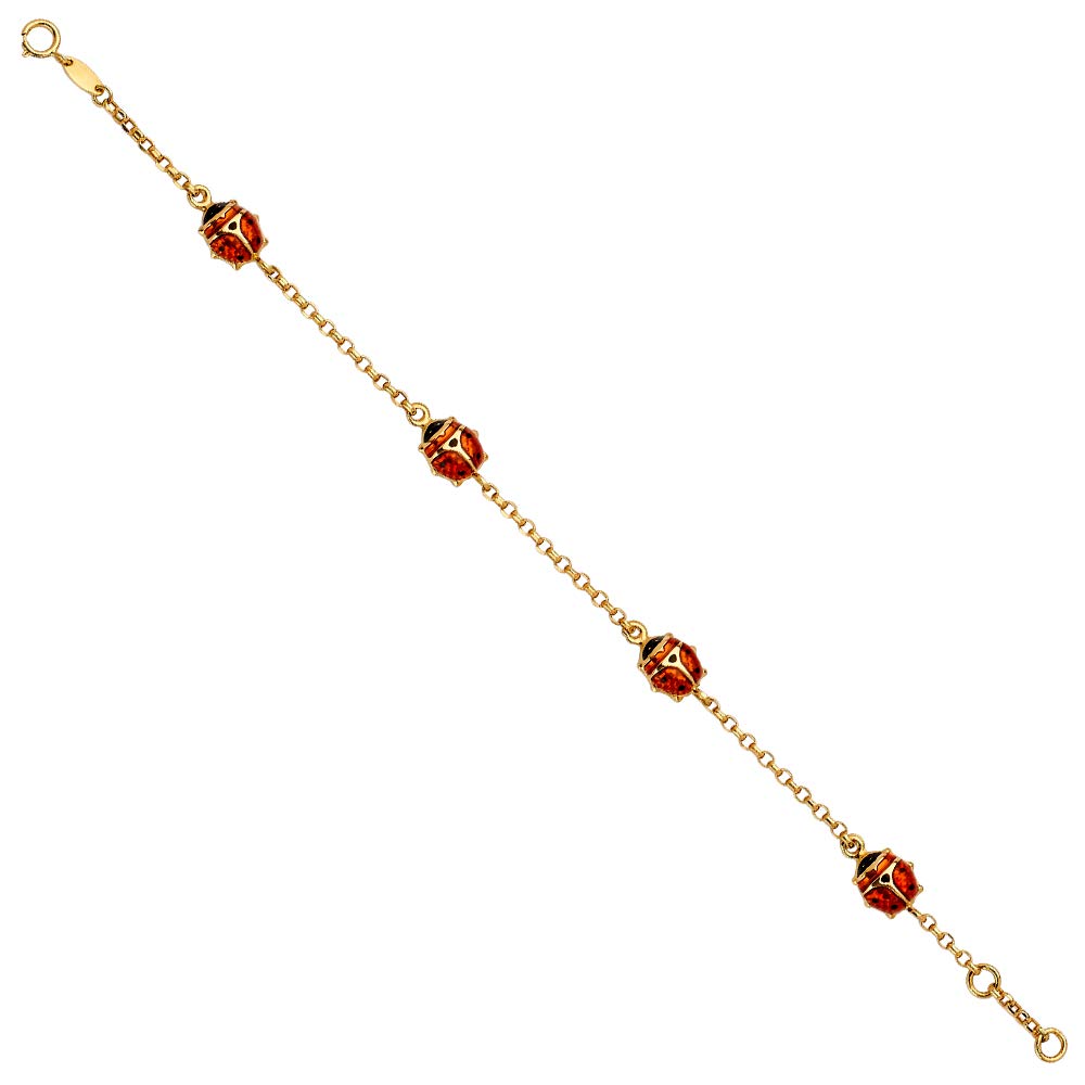 14k REAL Yellow Gold Lady Bug Chain Bracelet - 6.5+0.5"