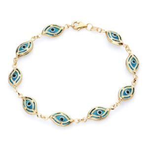 14k REAL Yellow Gold Blue Evil Eye Bracelet - 7.5"