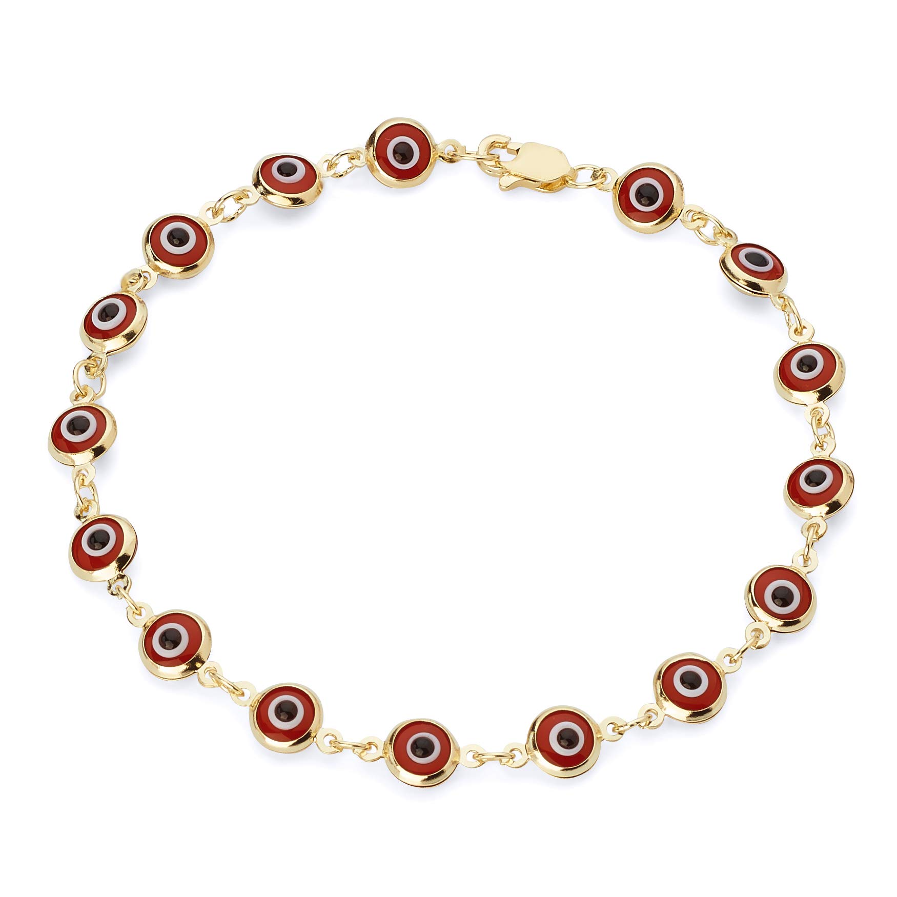 14k REAL Yellow Gold Red Evil Eye Bracelet - 7.25"