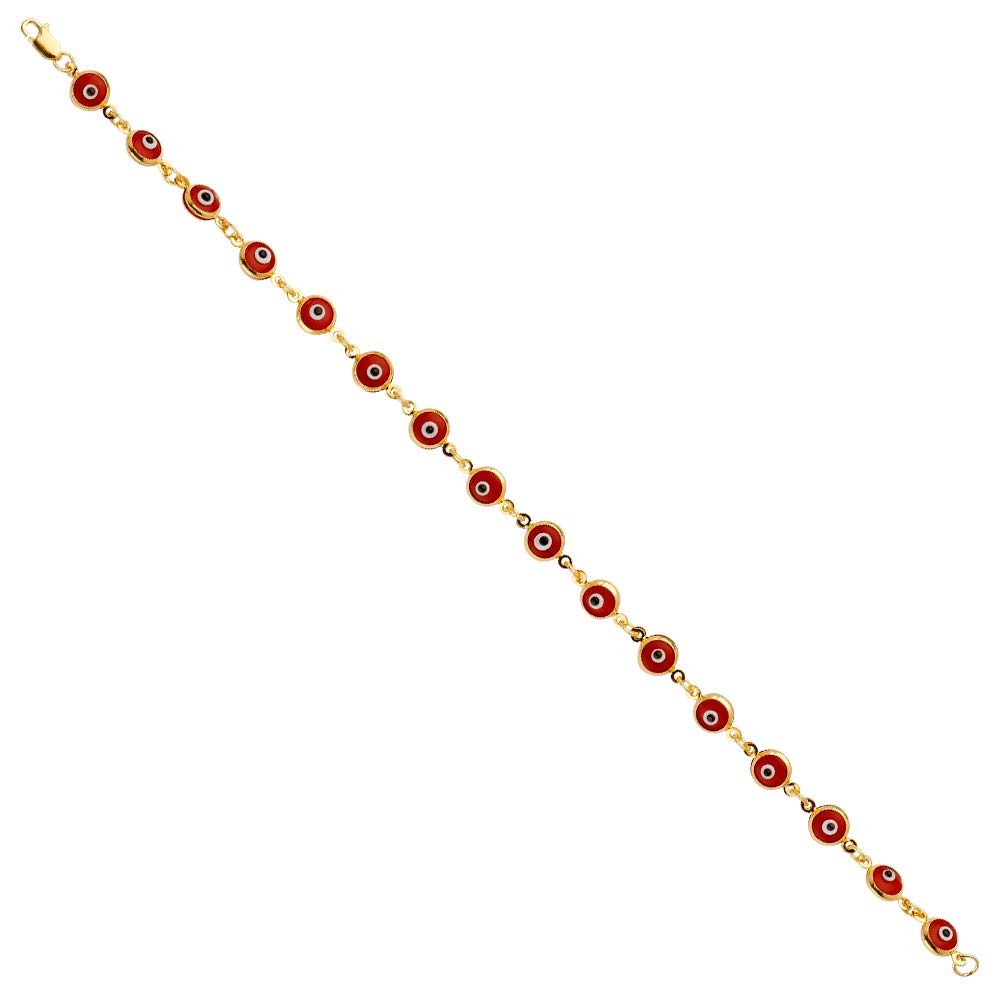 14k REAL Yellow Gold Red Evil Eye Bracelet - 7.25"