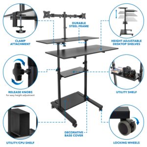 Mount-It! Mobile Computer Cart, Portable Desk on Wheels - 40" Wide Tabletop, Height Adjustable Workstation up to 64" Tall with Dual Monitor Mounts up to 72", Rolling Computer Desk, Screens 27", Black