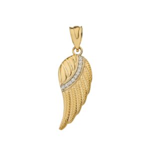 calirosejewelry 10k yellow gold feather angel wing diamond pendant - small