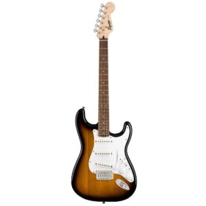 squier stratocaster electric guitar pack, with 2-year warranty, brown sunburst, with gig bag, frontman 10g, and accessories