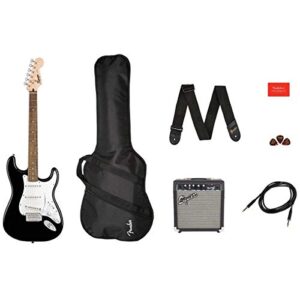 Squier Stratocaster Electric Guitar Pack, with 2-Year Warranty, Black, with Gig Bag, Frontman 10G, and accessories