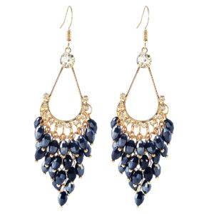 laxpicol fashion bohemian long earrings blue crystals chandelier fish hook earrings for women golden tone