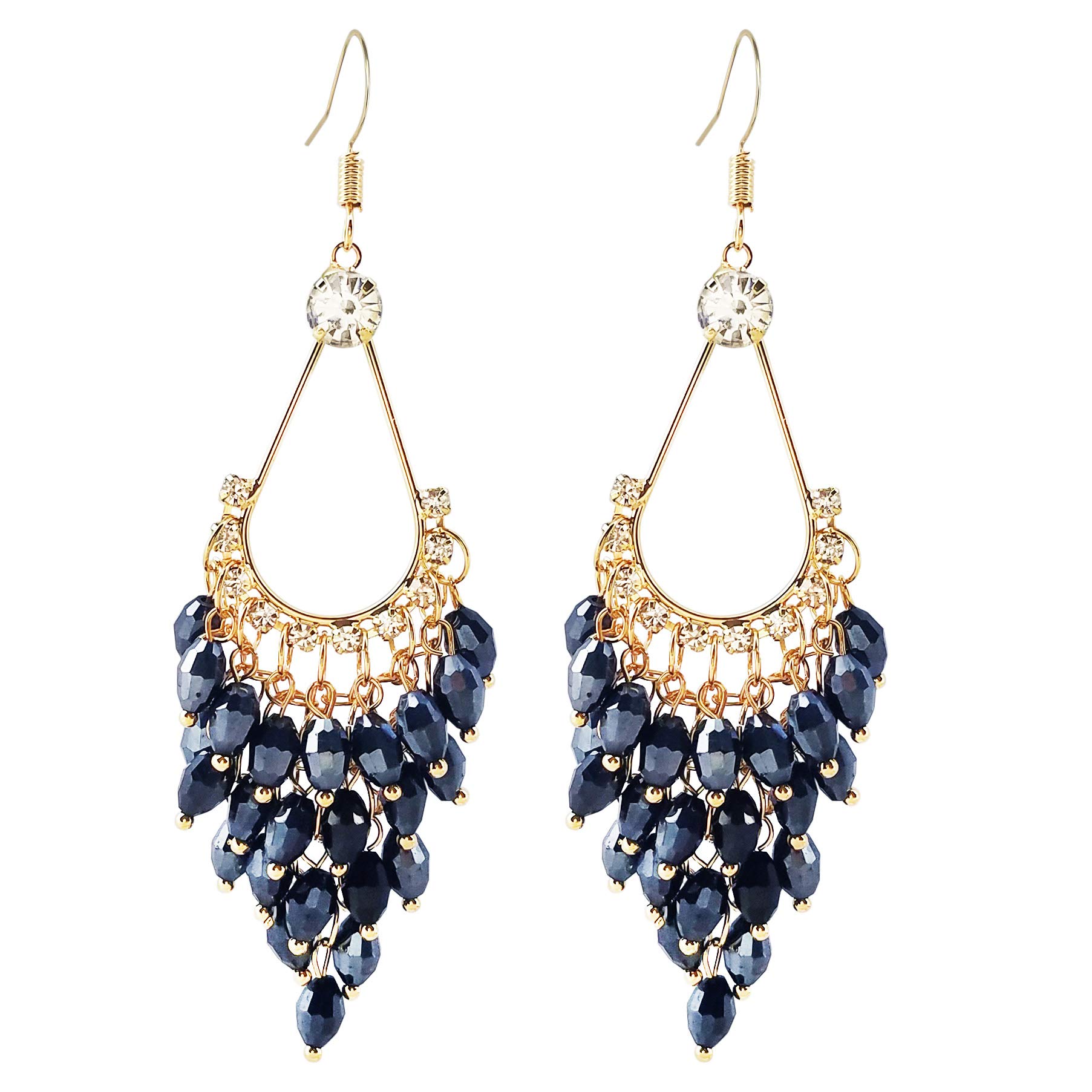 LAXPICOL Fashion Bohemian Long Earrings Blue Crystals Chandelier Fish Hook Earrings For Women Golden Tone