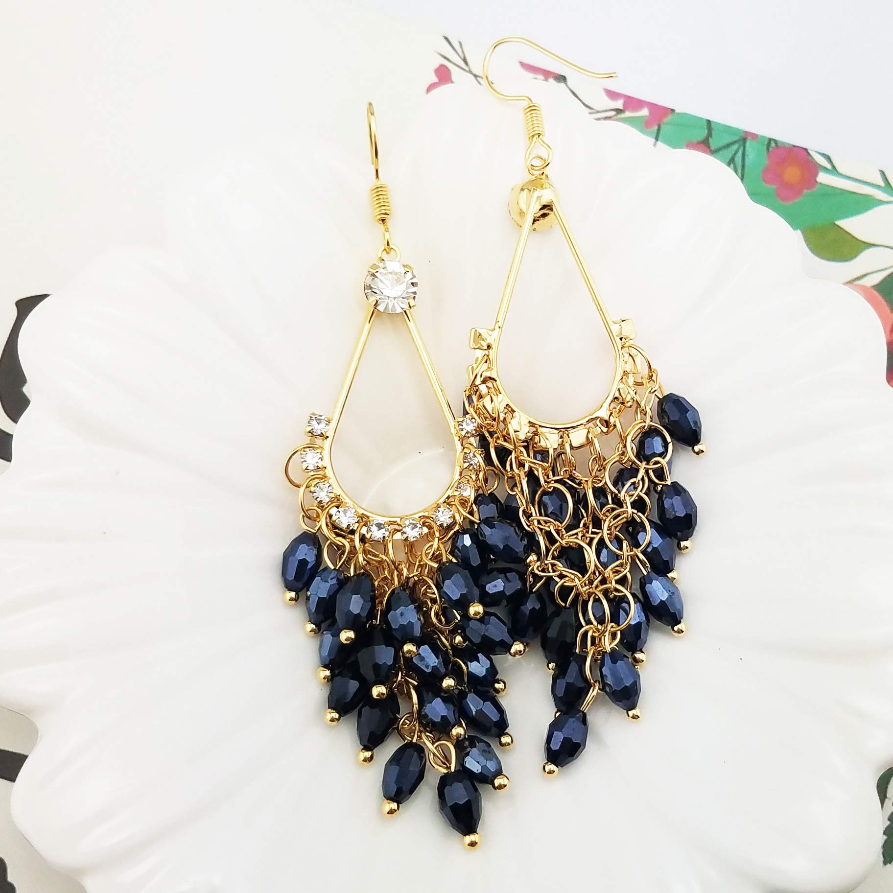 LAXPICOL Fashion Bohemian Long Earrings Blue Crystals Chandelier Fish Hook Earrings For Women Golden Tone