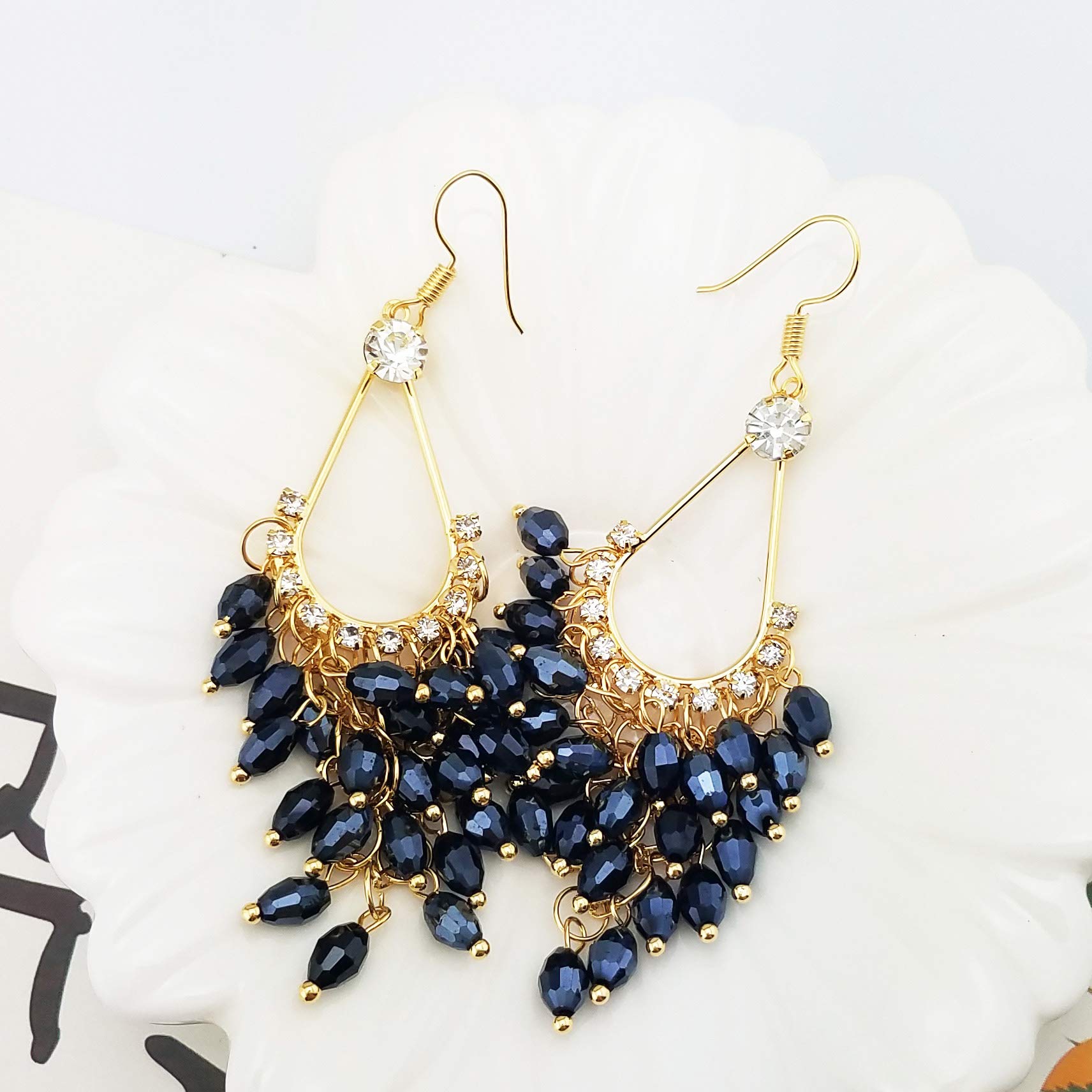 LAXPICOL Fashion Bohemian Long Earrings Blue Crystals Chandelier Fish Hook Earrings For Women Golden Tone