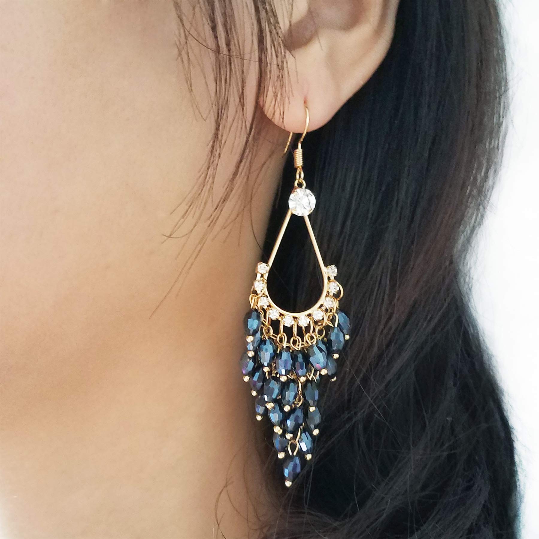 LAXPICOL Fashion Bohemian Long Earrings Blue Crystals Chandelier Fish Hook Earrings For Women Golden Tone