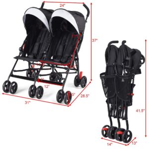 BABY JOY Double Light-Weight Stroller, Travel Foldable Design, Twin Umbrella Stroller with 5-Point Harness, Cup Holder, Sun Canopy for Baby, Toddlers (Black)