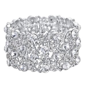 brilove women's wedding bridal crystal cluster tennis stretch bracelet clear silver-tone