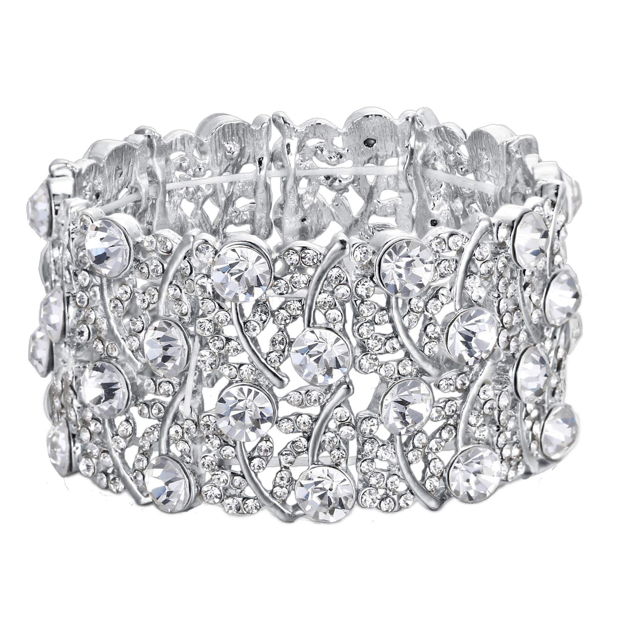 BriLove Women's Wedding Bridal Crystal Cluster Tennis Stretch Bracelet Clear Silver-Tone