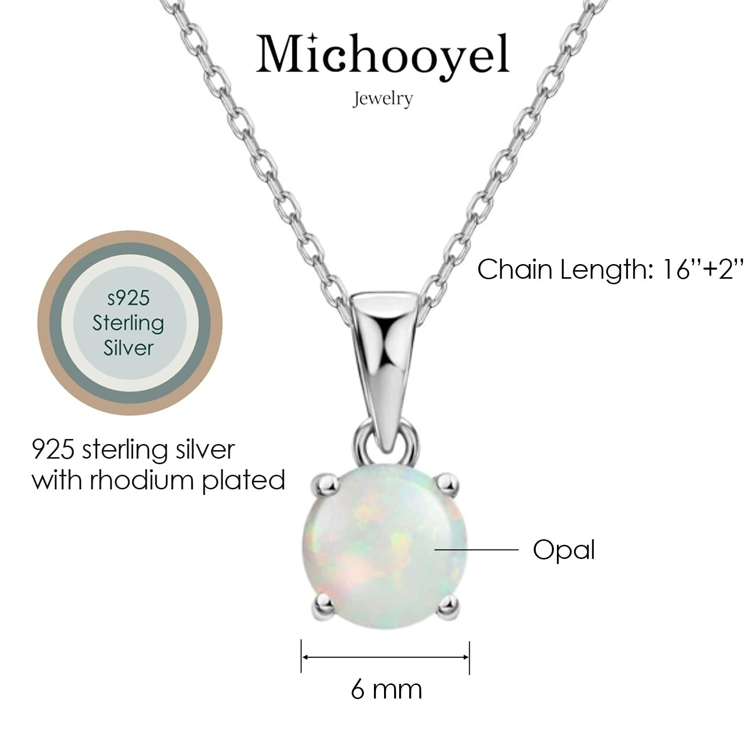 Michooyel Opal Pendant Necklace Sterling Silver 4 Prongs Setting Solitaire Fine Jewelry for Women