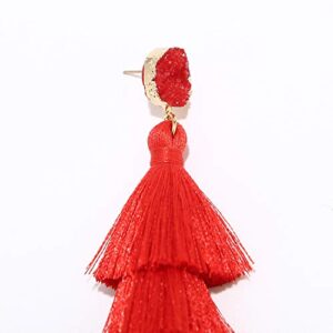 LEGITTA Red Tassel Earrings with Druzy Stud Layered Tiered Linear Drop Dangle Fashion Bohemian Earrings for Women