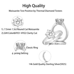 DovEggs Sterling Silver 1.5ct 3mm Band Width 7.5mm G-H-I Color Moissanite Engagement Rings for Women (7.5)