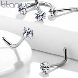 FIFTH CUE Prong Set Square Diamond CZ Solid Grade 23 Titanium L Bend Stud Nose Ring (18G | 1/4" (6mm) | 3x3mm CZ)