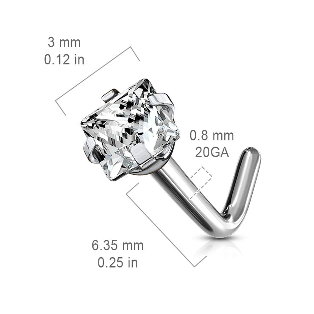 FIFTH CUE Prong Set Square Diamond CZ Solid Grade 23 Titanium L Bend Stud Nose Ring (18G | 1/4" (6mm) | 3x3mm CZ)