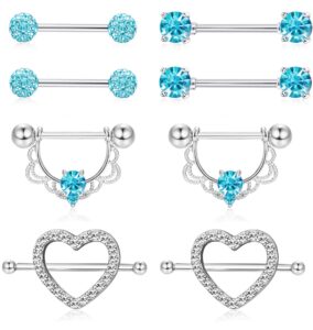 orazio 4 pairs 14g stainless steel nipplerings nipple tongue rings cz opal barbell body piercing jewelry blue