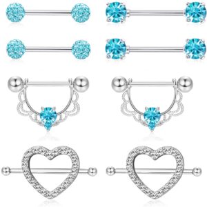 ORAZIO 4 Pairs 14G Stainless Steel Nipplerings Nipple Tongue Rings CZ Opal Barbell Body Piercing Jewelry Blue