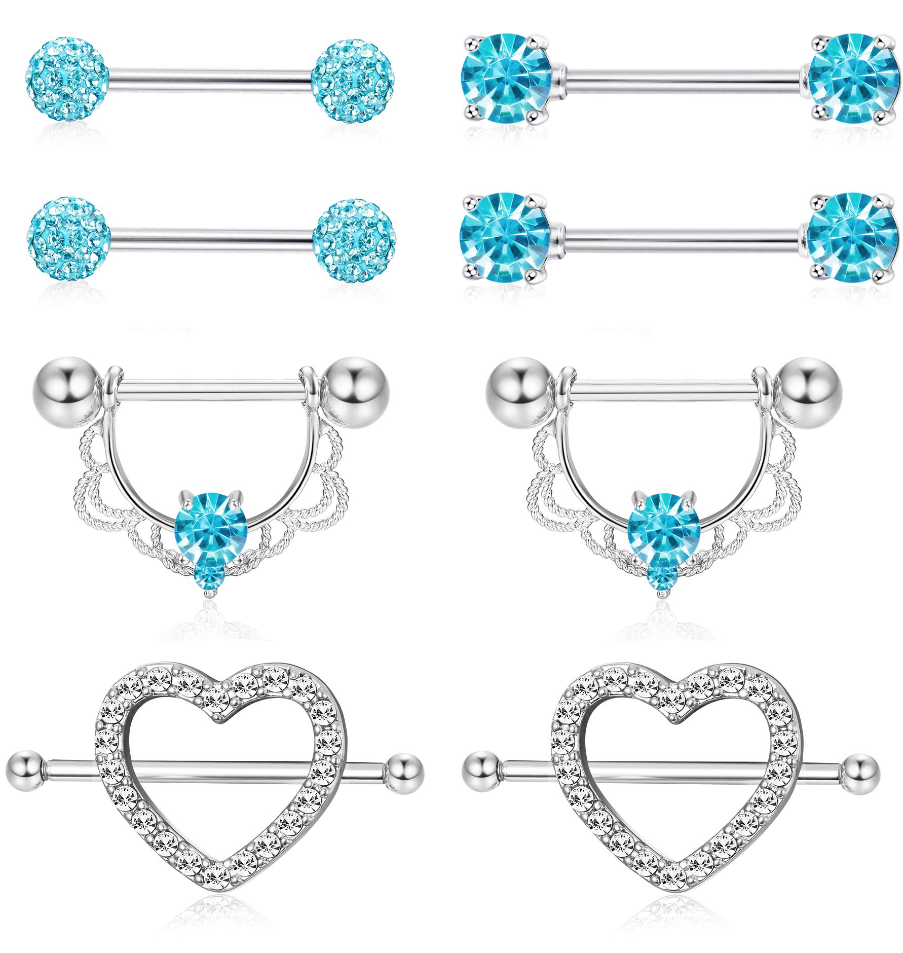 ORAZIO 4 Pairs 14G Stainless Steel Nipplerings Nipple Tongue Rings CZ Opal Barbell Body Piercing Jewelry Blue