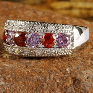 Emsione Women's 925 Sterling Silver Plated Round Created Pink Topaz & Ruby Spinel Vintage Style Ring Band Statement Cocktail Ring Size 10