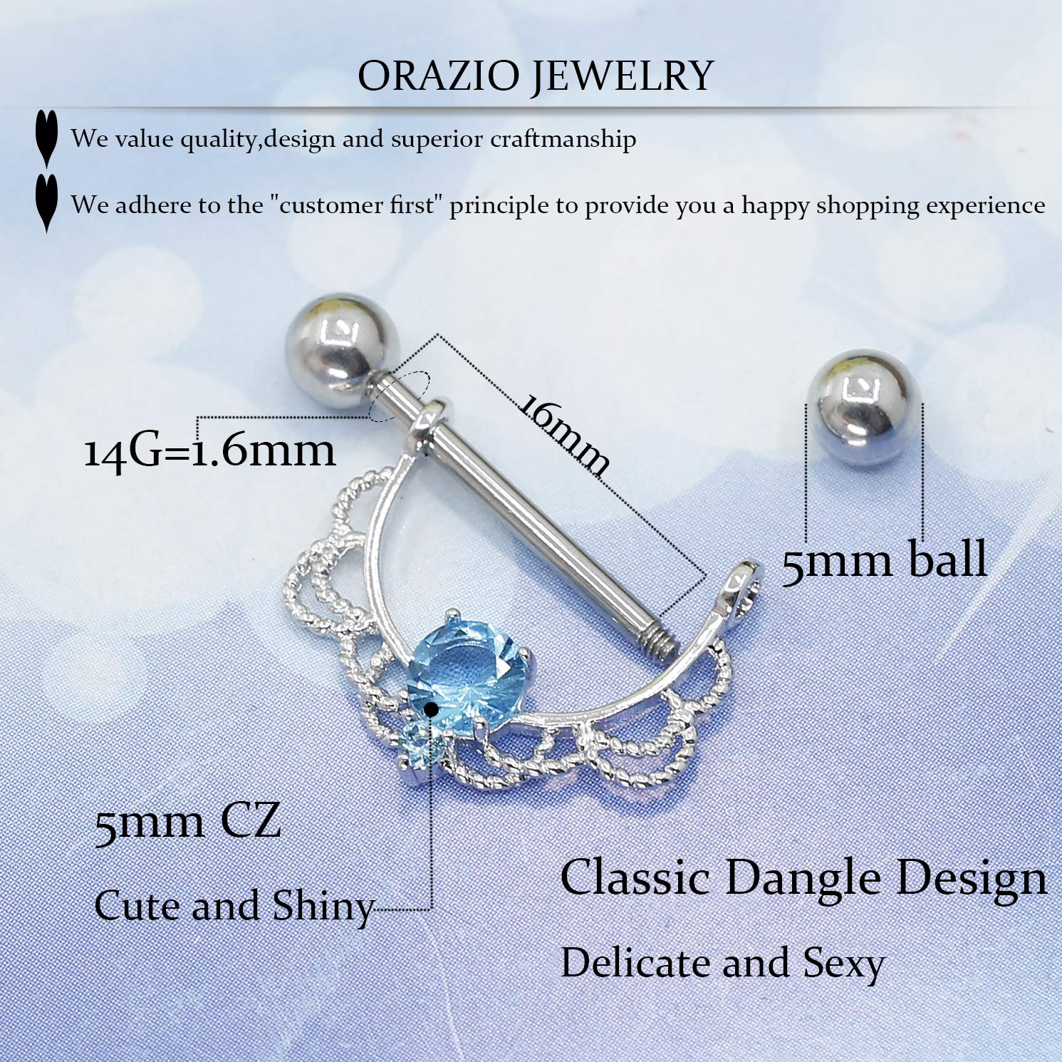 ORAZIO 4 Pairs 14G Stainless Steel Nipplerings Nipple Tongue Rings CZ Opal Barbell Body Piercing Jewelry Blue