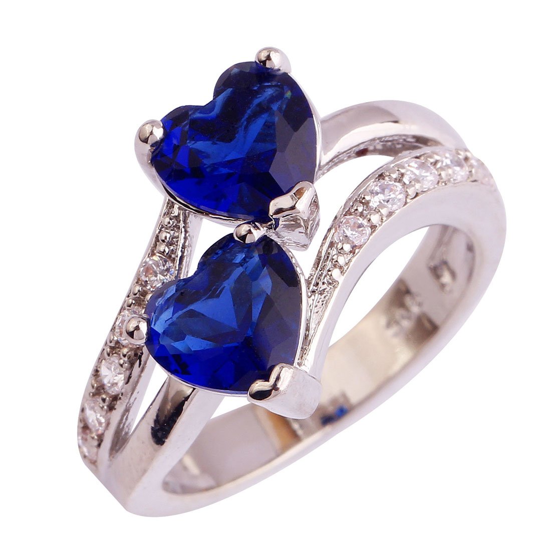 Emsione Vintage 925 Sterling Silver Plated CZ Double Heart Created Sapphire & Topaz Love Wedding Promise Ring