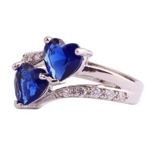 Emsione Vintage 925 Sterling Silver Plated CZ Double Heart Created Sapphire & Topaz Love Wedding Promise Ring