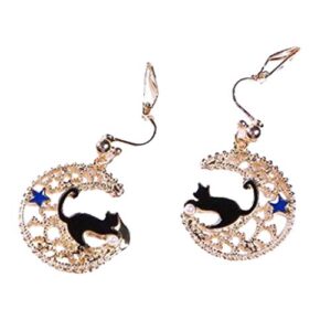 black cat moon and blue star clip on earrings gold plated crescent dangle prom jewelry for girls women