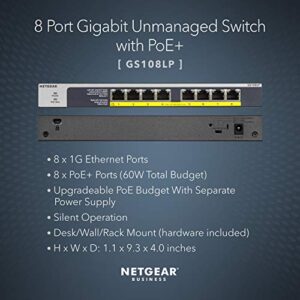 NETGEAR 8-Port Gigabit Ethernet Unmanaged PoE Switch (GS108LP) - with 8 x PoE+ @ 60W Upgradeable, Desktop, Wall Mount or Rackmount, and Limited Lifetime Protection