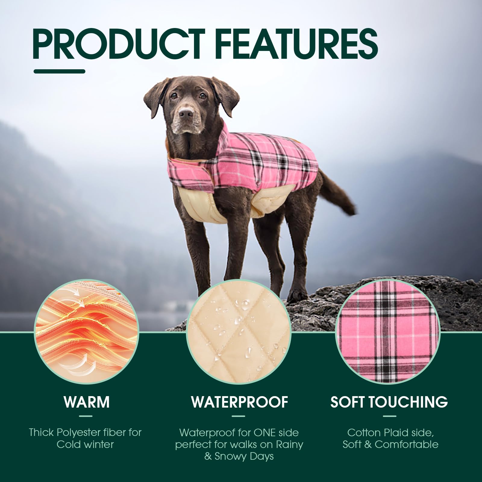 Kuoser Warm Dog Coat, Reversible Dog Jacket Waterproof Dog Winter Coat British Style Plaid Dog Clothes Pet Dog Cold Weather Coats Cozy Snow Jacket Vest for Small Medium Large Dogs Pink XXL