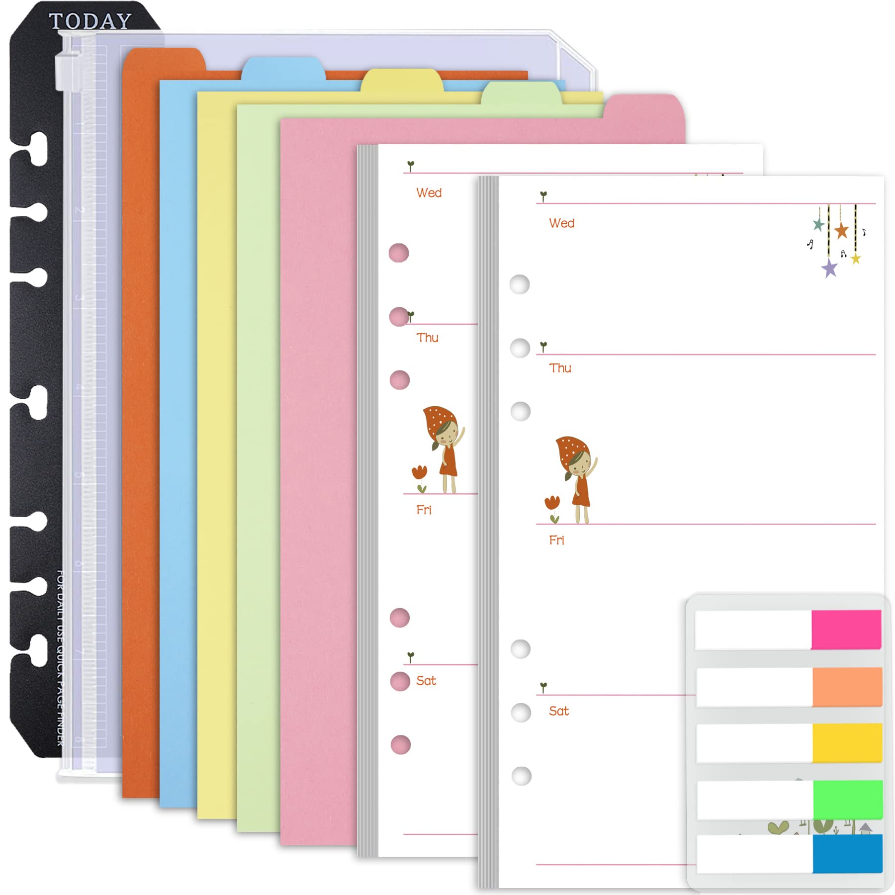 Rancco A6 Planner Inserts Weekly Planner Refills, 90 Pages Colorful 6-Ring Loose-leaf Paper Binder Inserts w/Divider, PVC Pouch, Ruler, Index Tab for Journal, Filofax, Double-sided, Undated, 6.9x3.7"