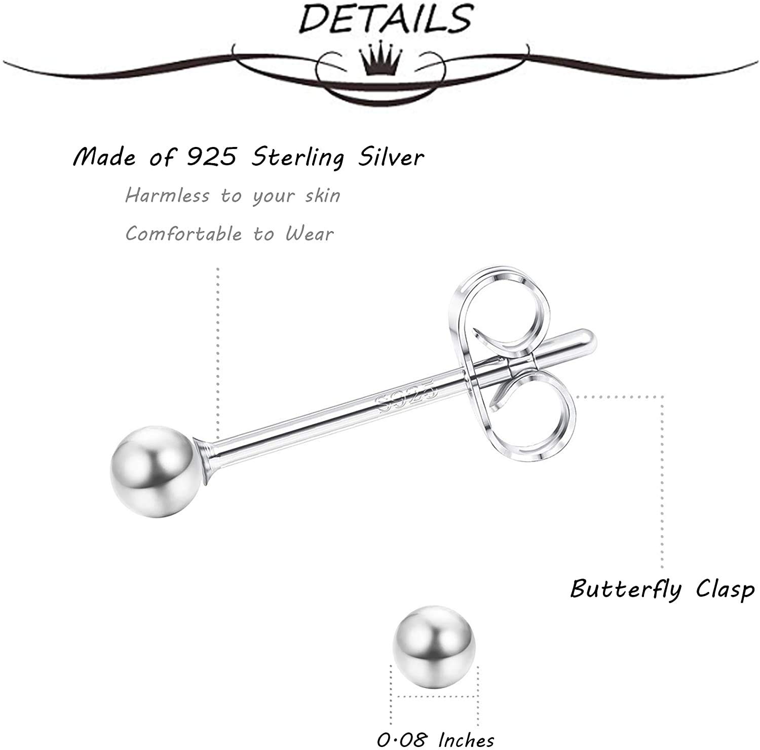 Milacolato 6 Pairs 925 Sterling Silver Stud Earrings for Women 2mm Tiny Ball Stud Earrings Set Hypoallergenic Over 3 Years Old