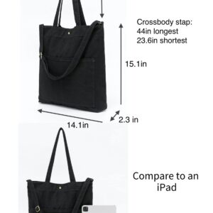 Jeelow 16oz Heavy Duty Canvas Tote Bag Crossbody Shoulder Handbag for Men & Women Washed Cotton Adjustable Strap Multiple Pockets (Black 2 Way)