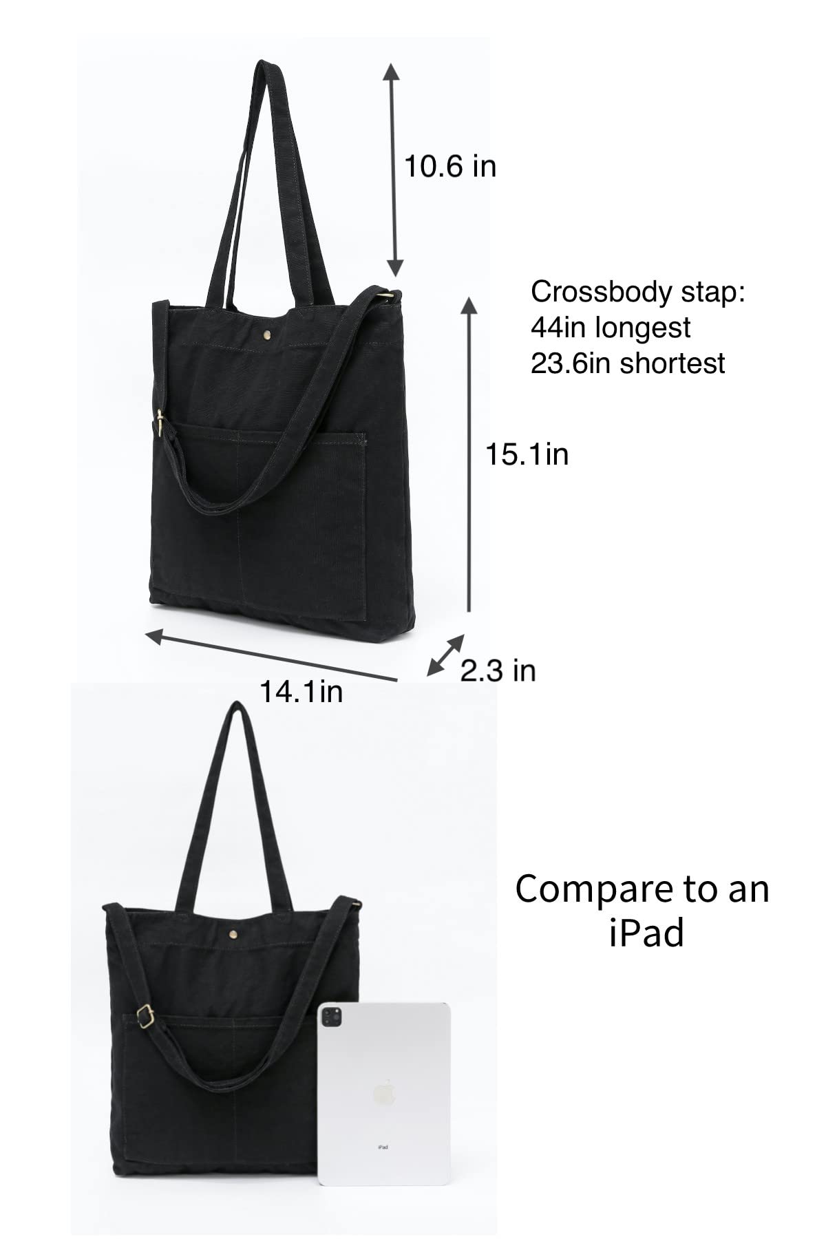 Jeelow 16oz Heavy Duty Canvas Tote Bag Crossbody Shoulder Handbag for Men & Women Washed Cotton Adjustable Strap Multiple Pockets (Black 2 Way)