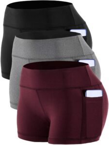 cadmus women's workout yoga running compression exercise booty shorts with one side pockets,3 pack,09,black,grey,wine red,small