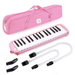 vangoa 32 key melodica, musical instrument air piano keyboard, melodicas with carrying bag, double mouthpieces, wipe cloth, key stickers, long tubes (pink)